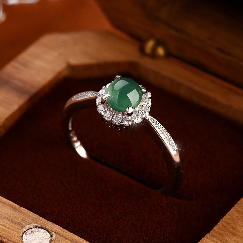 GemVibra Blue Water Jadeite Open Ring, S925 Silver with Rhinestone Halo
