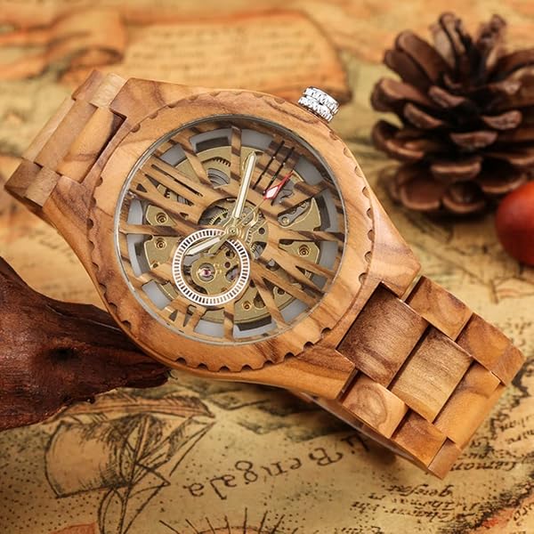 No Battery Fashion Mechanical Wooden Watch for Men, Mechanical Movement Wooden Strap Men's Watch for Father's Day, Birthday M804