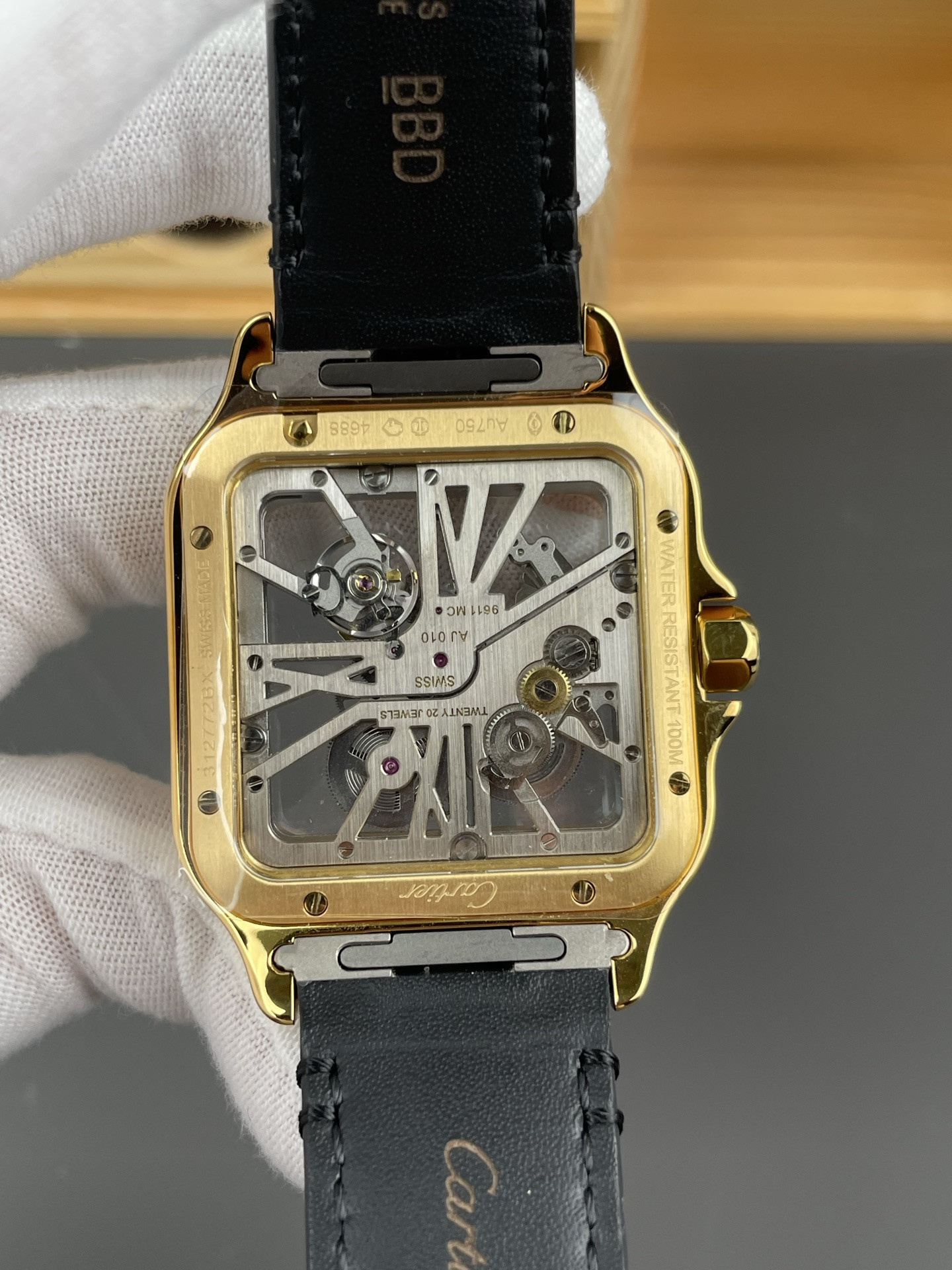 Santos Skeleton Series Leather Strap Gold Dial
