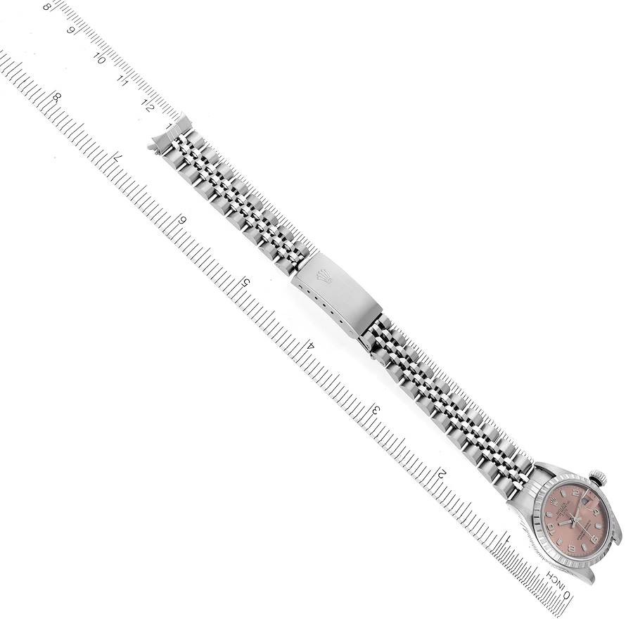 Rolex Date Salmon Dial Engine Turned Bezel Steel Ladies Watch 79240