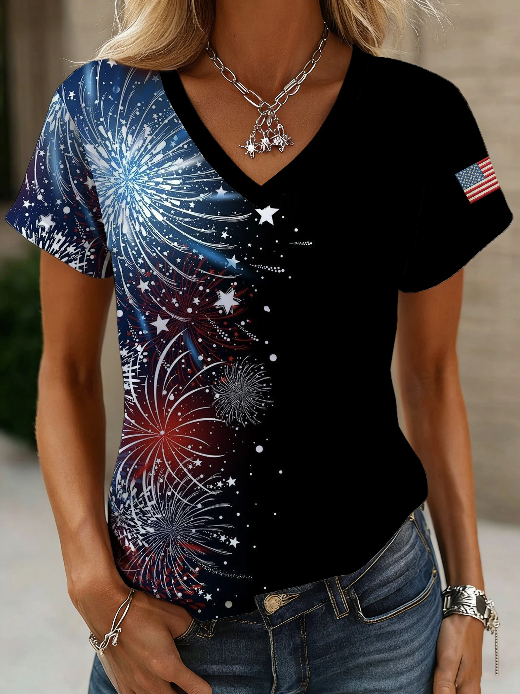 Women's American 250th Anniversary Print Casual V-Neck Top