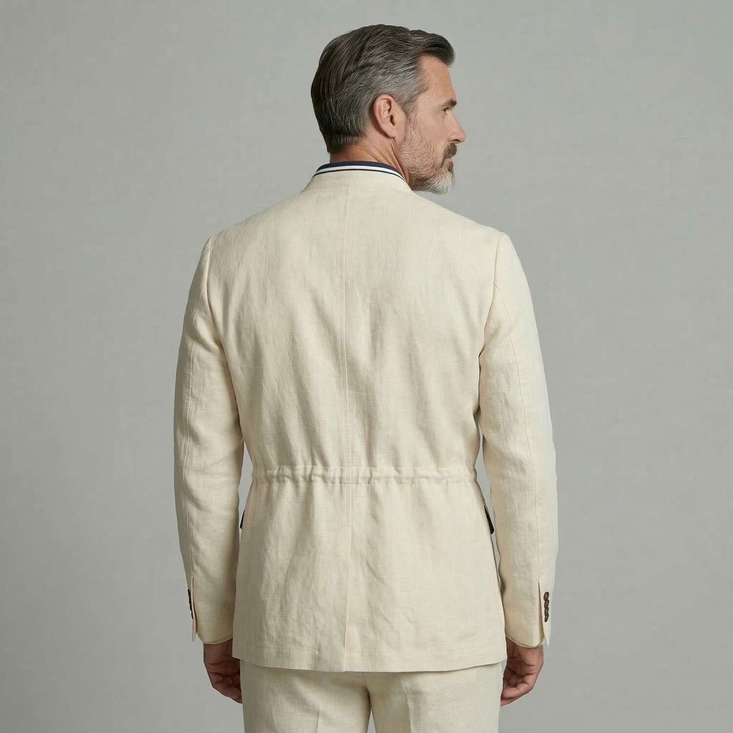 Men's Beige Contrast Binding Flap Pocket Drawstring Long Sleeve Jacket