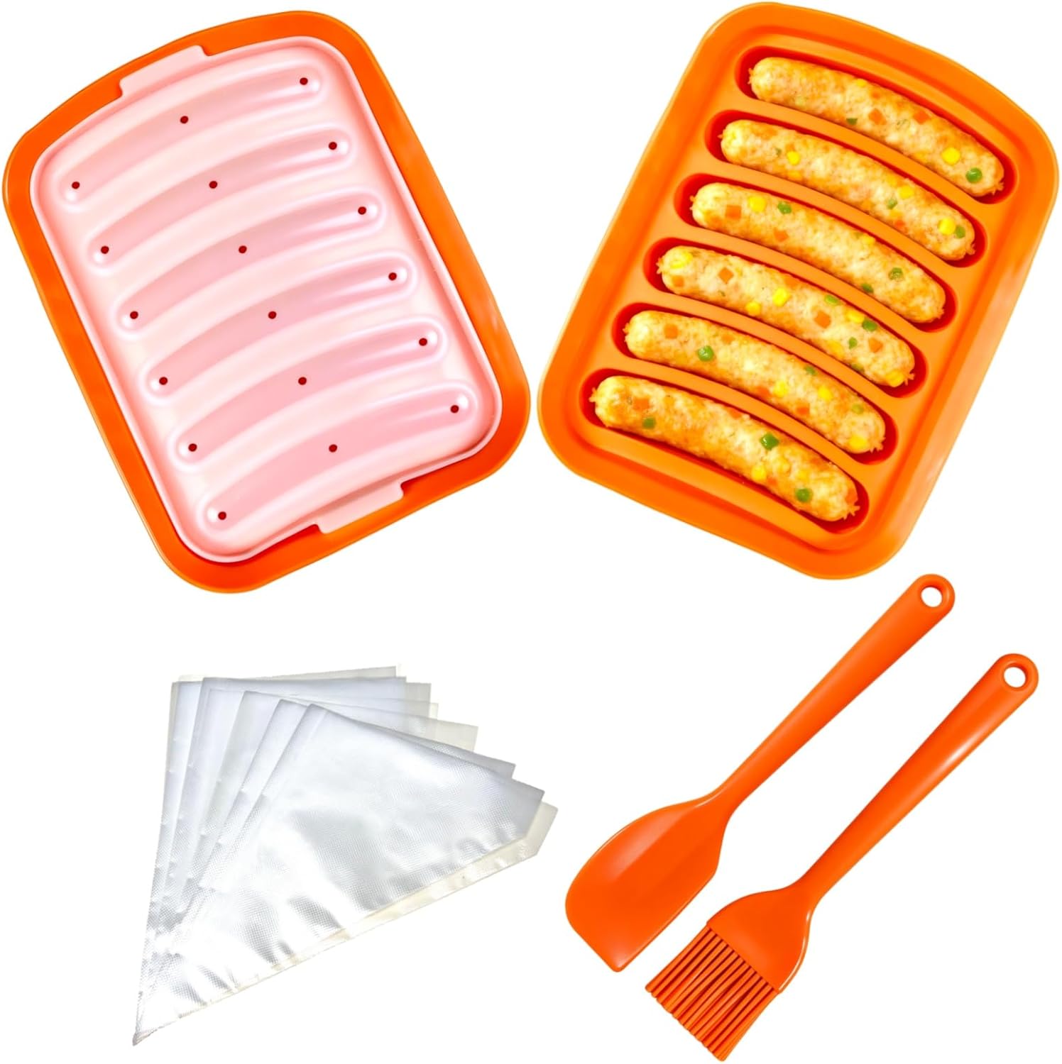 2 Pcs Silicone Sausage Mold with a Set of Silicone Brush Spatula and 25x Pastry Bags,Non-Stick Hot Dog Bun Pan,DIY Handmade Ham Sausage,Hot Dogs Baking Mold for Children