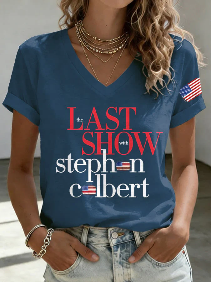 V-Neck Retro Last Show Print T-Shirt