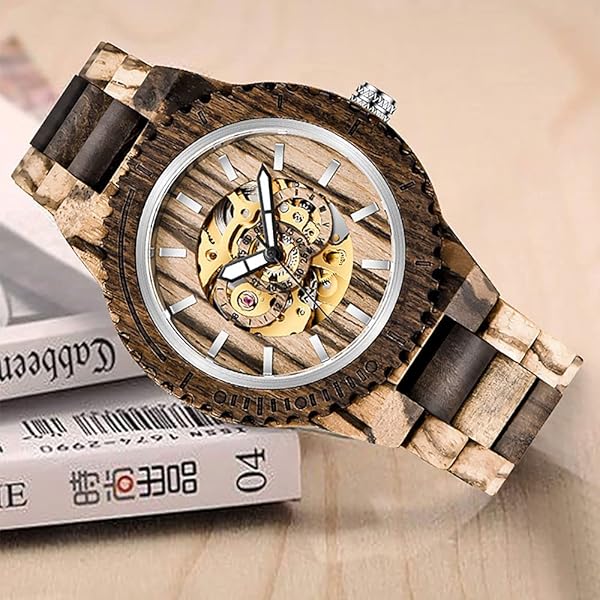 No Battery Fashion Mechanical Wooden Watch for Men, Mechanical Movement Wooden Strap Men's Watch for Father's Day, Birthday M801