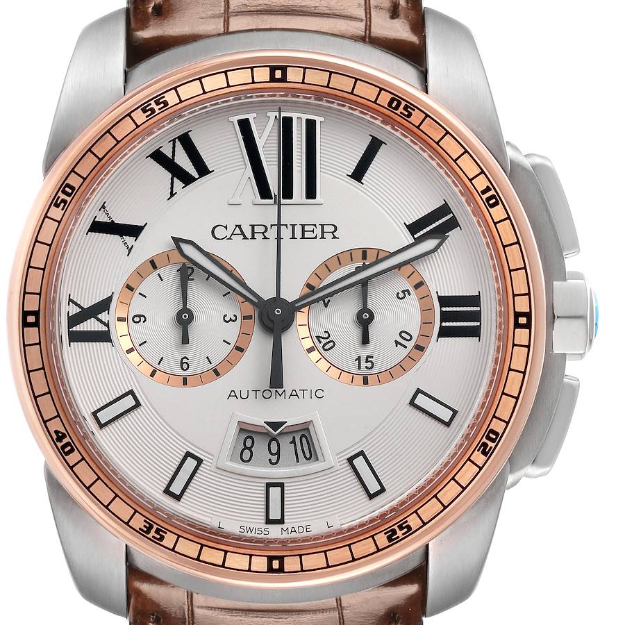 Cartier Calibre Chronograph Steel Rose Gold Mens Watch W7100043
