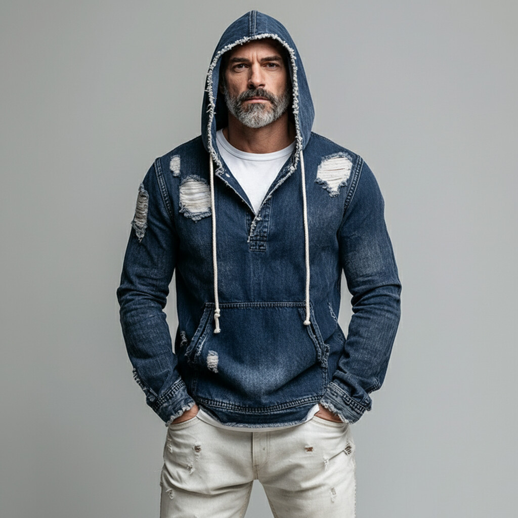 Men's Dark Blue Distressed Denim Ripped Kangaroo Pocket Long Sleeve Hoodie