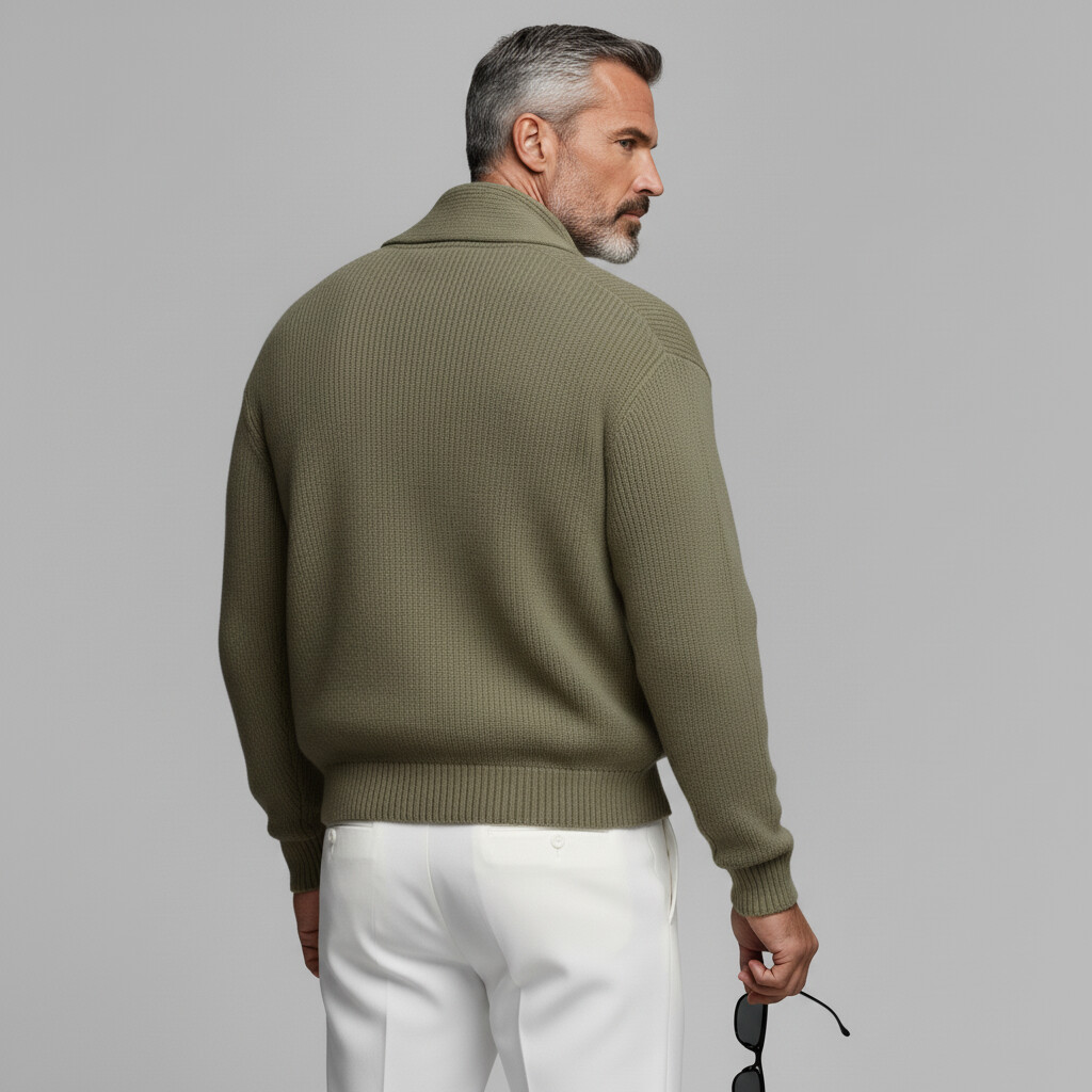 Men's Sage Green Shawl Lapel Wrap Long Sleeve Ribbed Knit Sweater