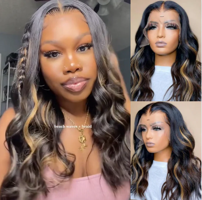 Megalook Bogo Free 13x4 Lace Front Highlights Body Wave High Quality Human Hair Wigs
