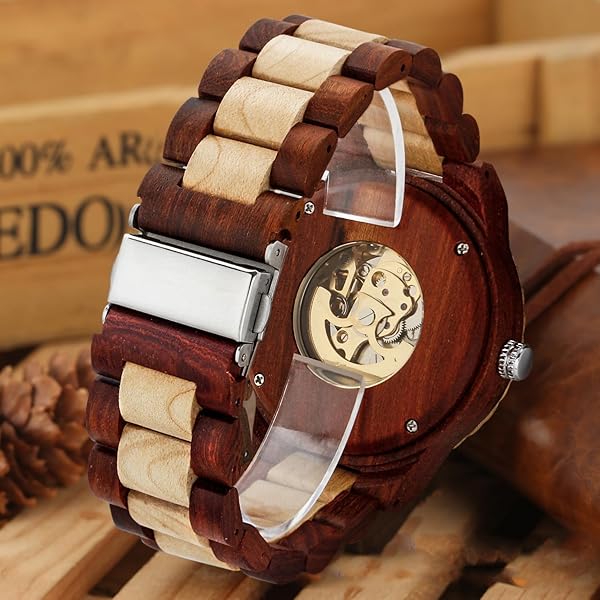 No Battery Fashion Mechanical Wooden Watch for Men, Mechanical Movement Wooden Strap Men's Watch for Father's Day, Birthday M811-red white