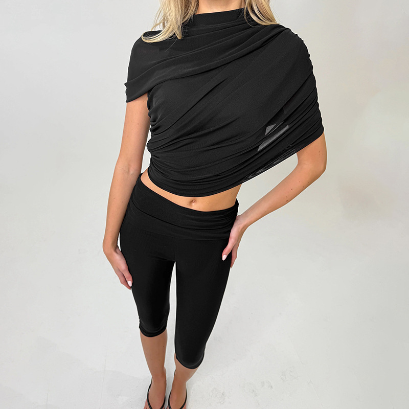 Women Spring Sexy Draped Top and Capri Pants Two-Piece Set