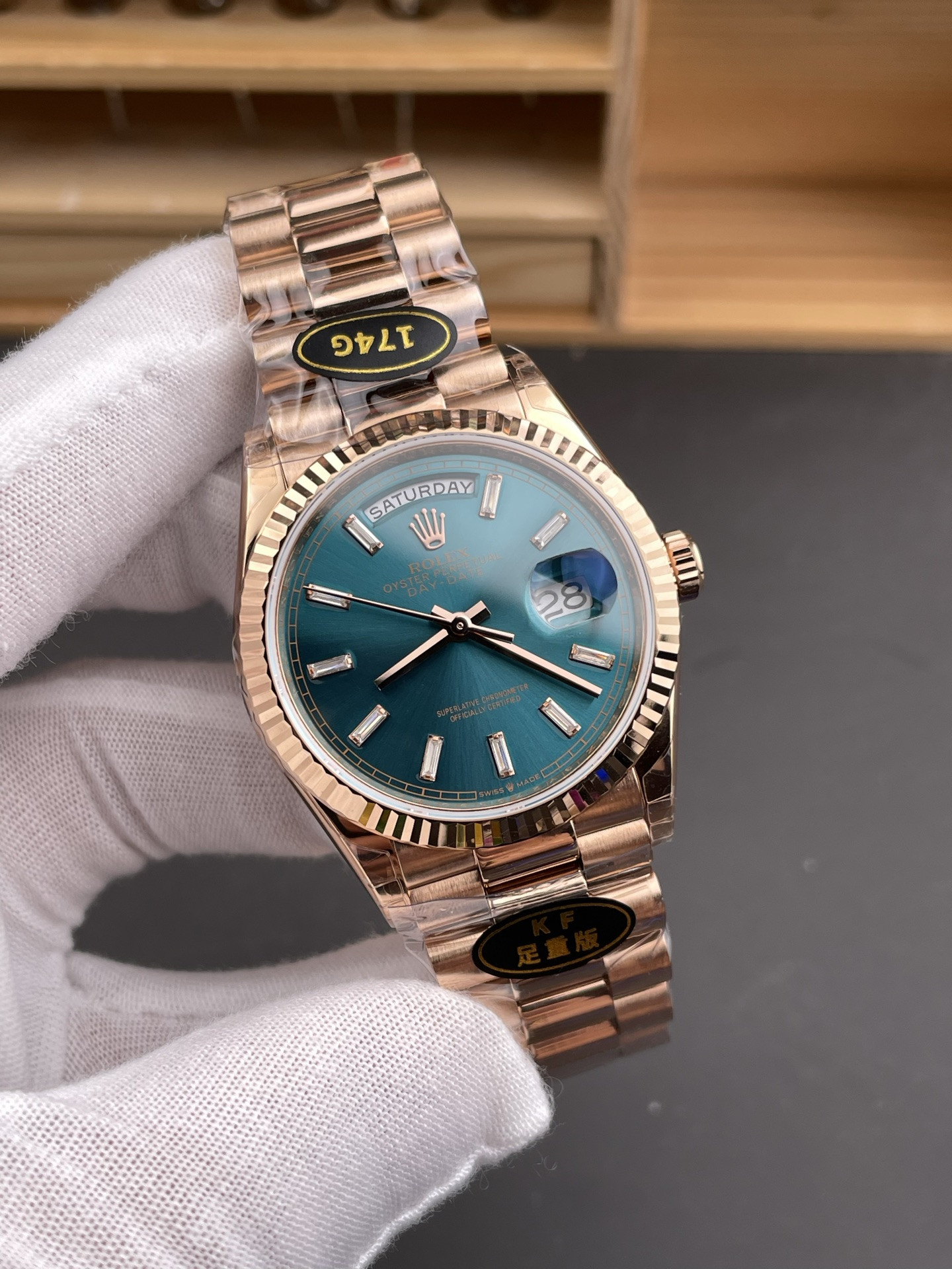 Rose Gold Blue-Green Dial Day-Date