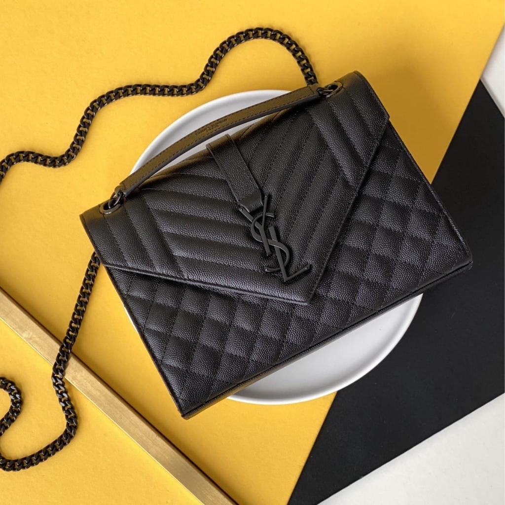 Saint Laurent Envelope Medium In Quilted Grain De Poudre Embossed Leather Black Noir 24cm 600185BOW981000