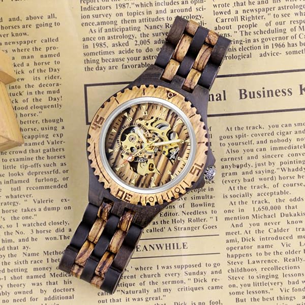 Men's Wooden Watch Triangle Skeleton Automatic Watch Mechanical Wood Watches for Men Brown