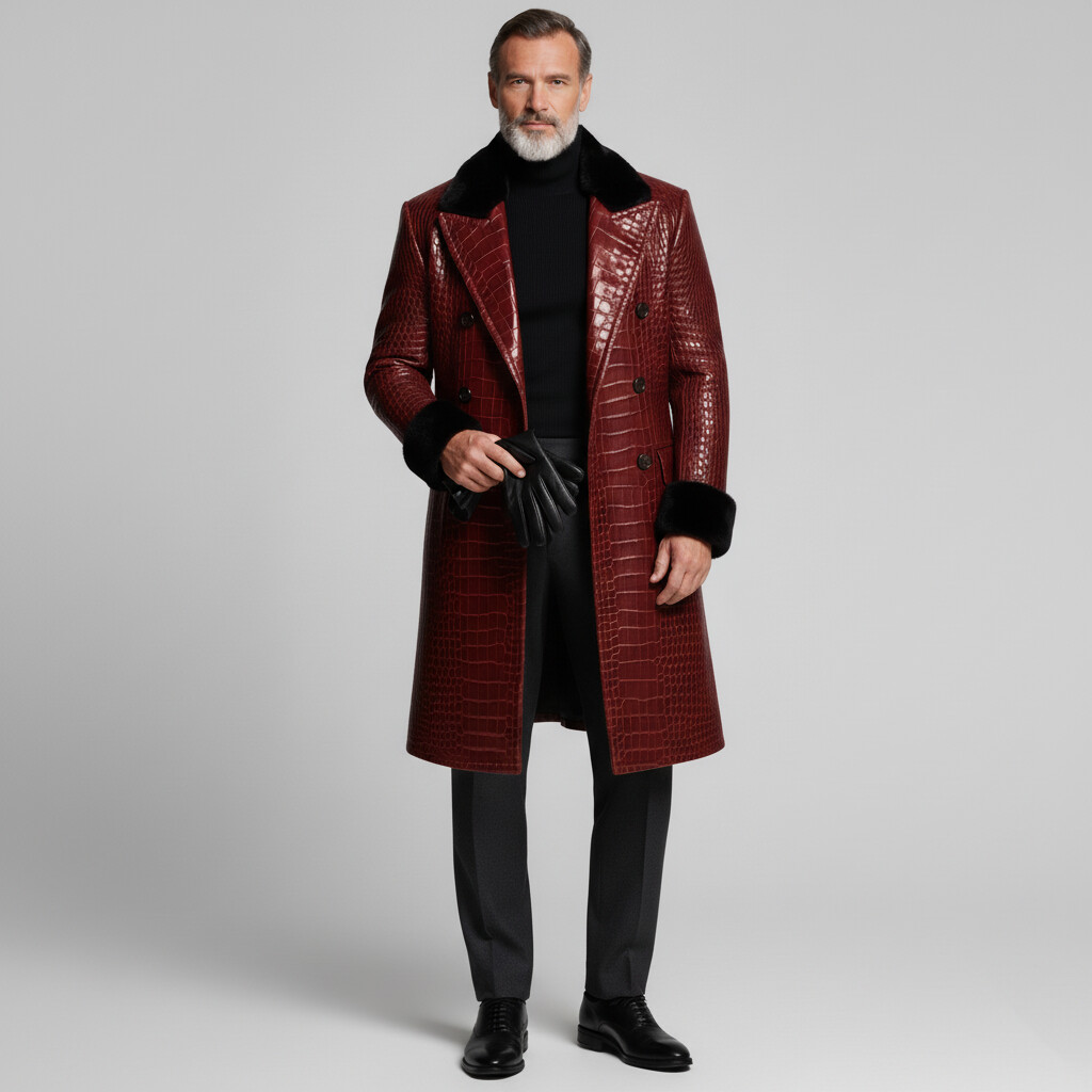 Men's Burgundy Crocodile PU Leather Plush Peak Lapel Double Breasted Long Sleeve Trench Coat