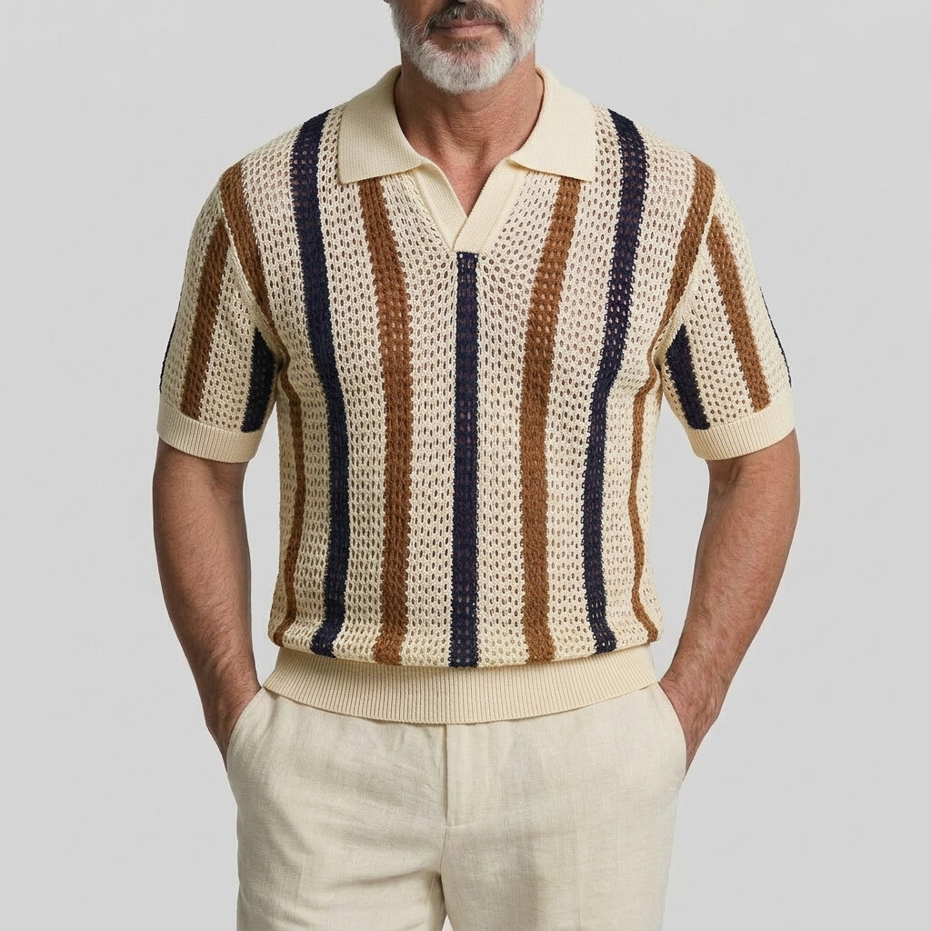Men's Colorblock Striped Hollow Out Crochet Knit Polo Shirt