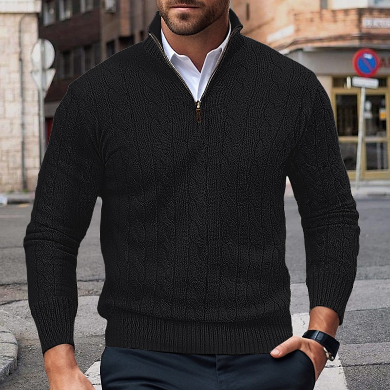 Men's Daily Stand Collar Half Zip Cable Knit Long Sleeve Sweater