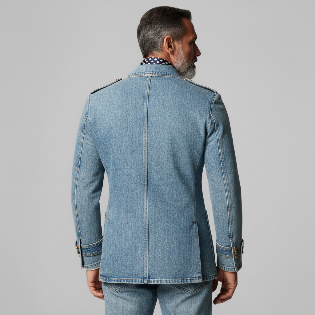 Men's Light Blue Denim Peak Lapel Double Breasted Patch Pockets Long Sleeve Blazer