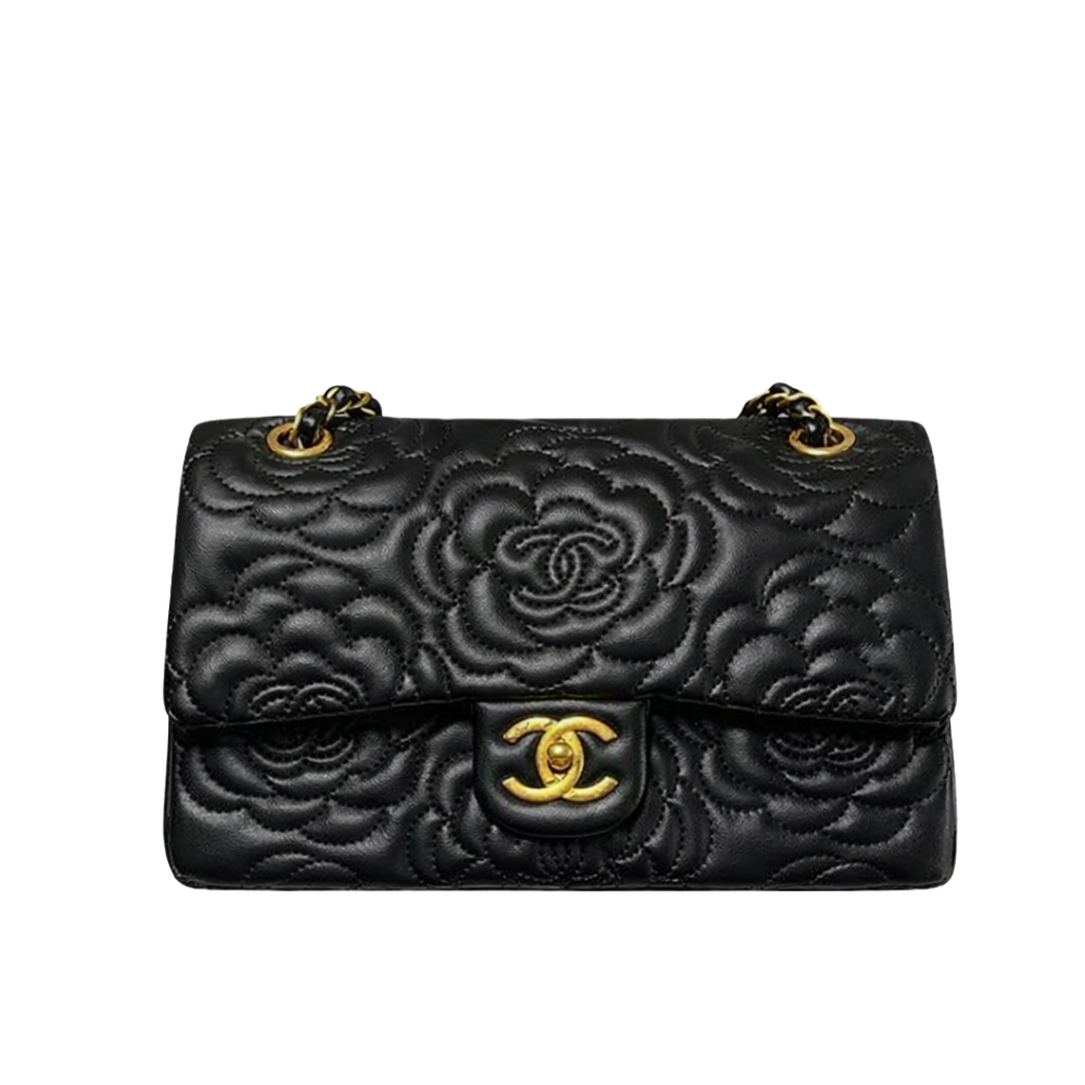 Chanel Flap Bag With Camellia Flower Chain Black 26Cm
