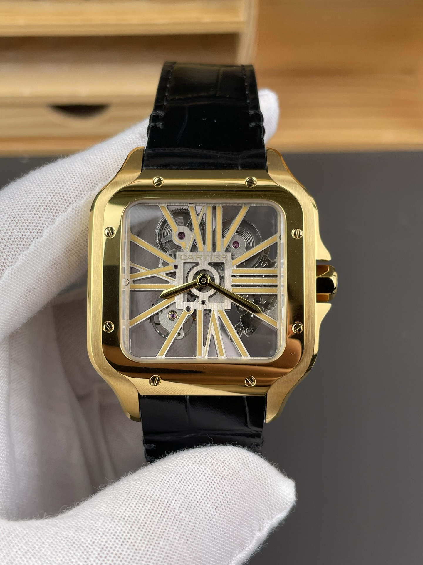 Santos Skeleton Series Leather Strap Gold Dial