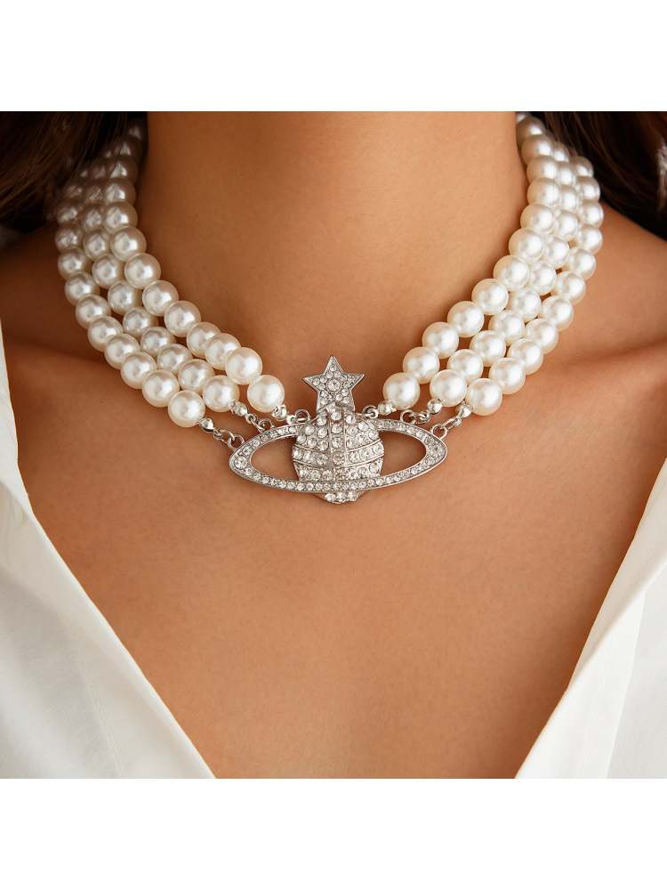 Faux Pearl Rhinestone Alloy Electroplating Necklaces