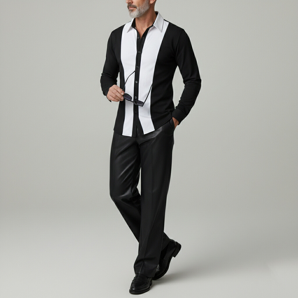 Men's Black White Contrast Shirt Collar Single Breasted Long Sleeve Shirts