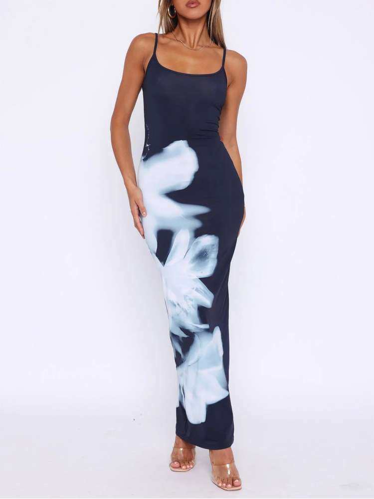 Floral Printed Backless Slip Fitted Maxi Dress