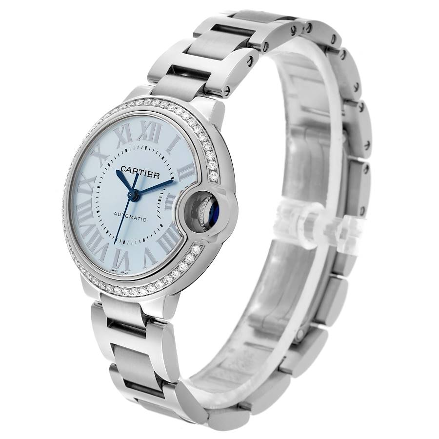 Cartier Ballon Bleu 33mm Blue Silver Diamond Dial Steel Watch W4BB0028