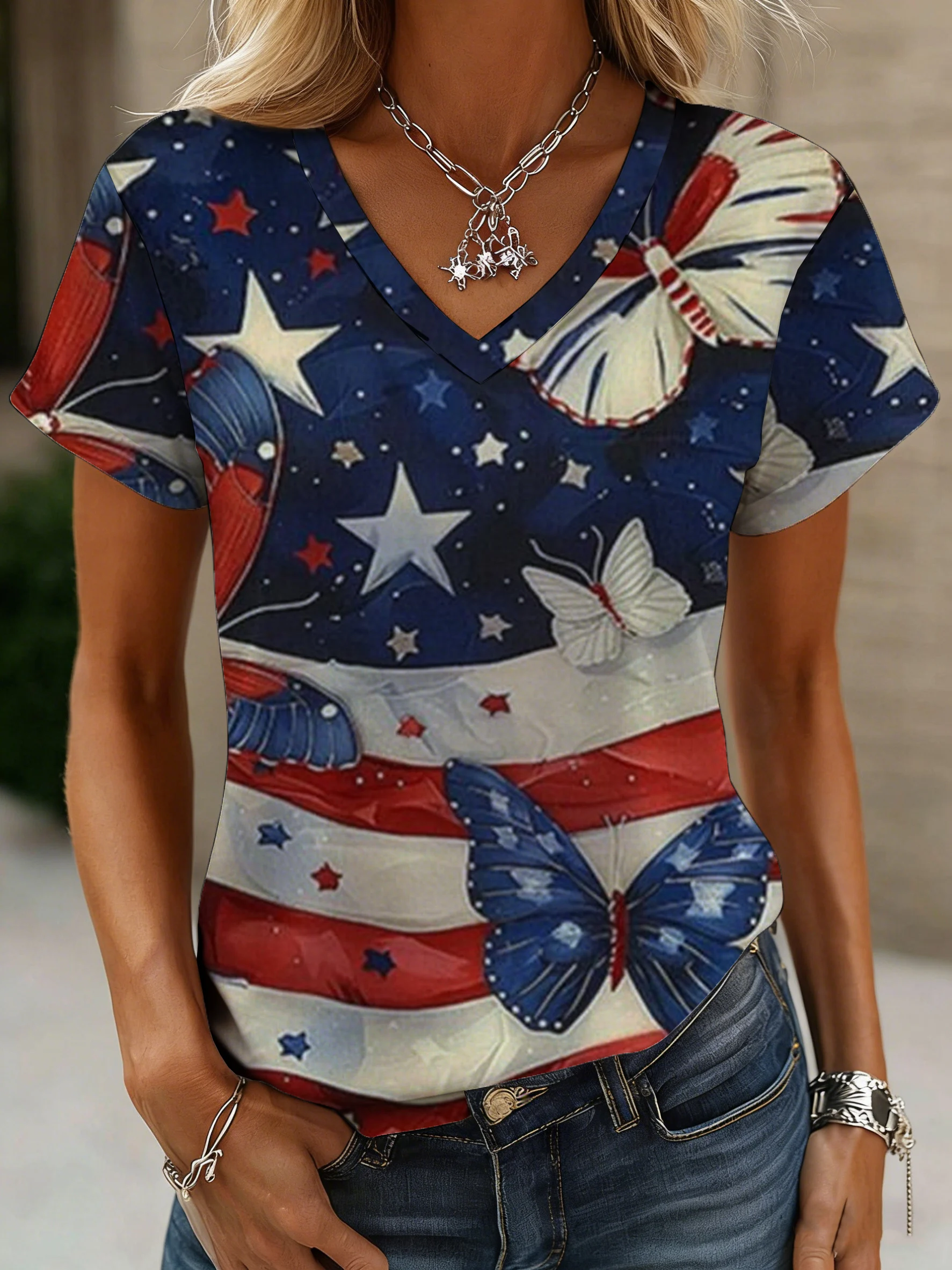 Women's American 250th Anniversary Print Casual V-Neck Top