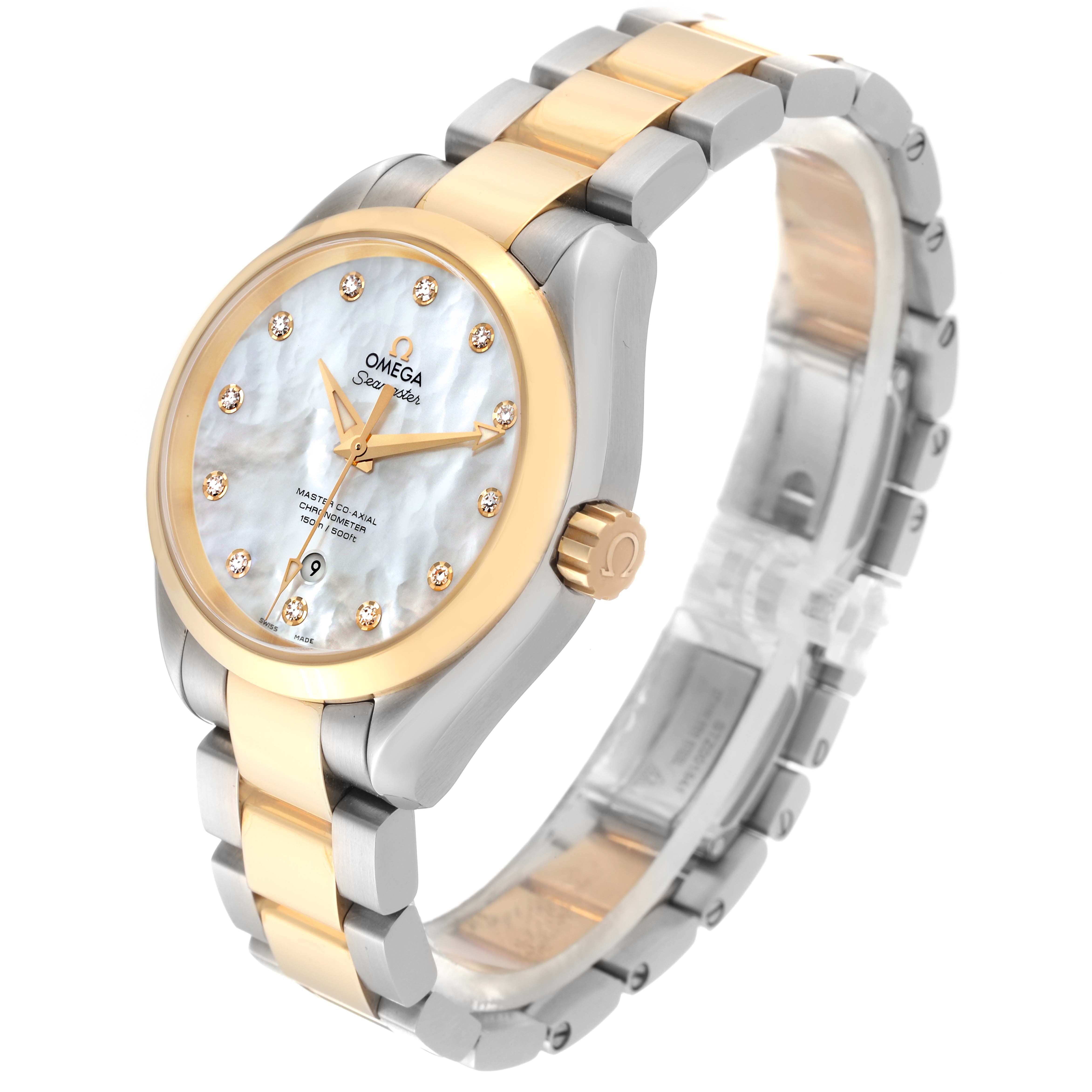 Omega Aqua Terra Steel Yellow Gold Mother of Pearl Diamond Dial Ladies Watch 34.0 MM 231.20.34.20.55.002