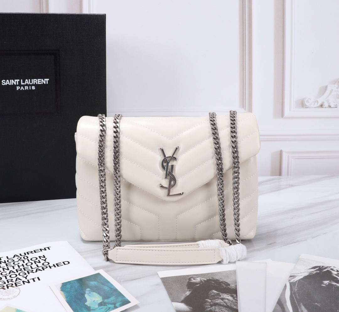 Saint Laurent Loulou Small Chain Bag In Matelassé Y Leather White Silver 23Cm 494699DV726 9207