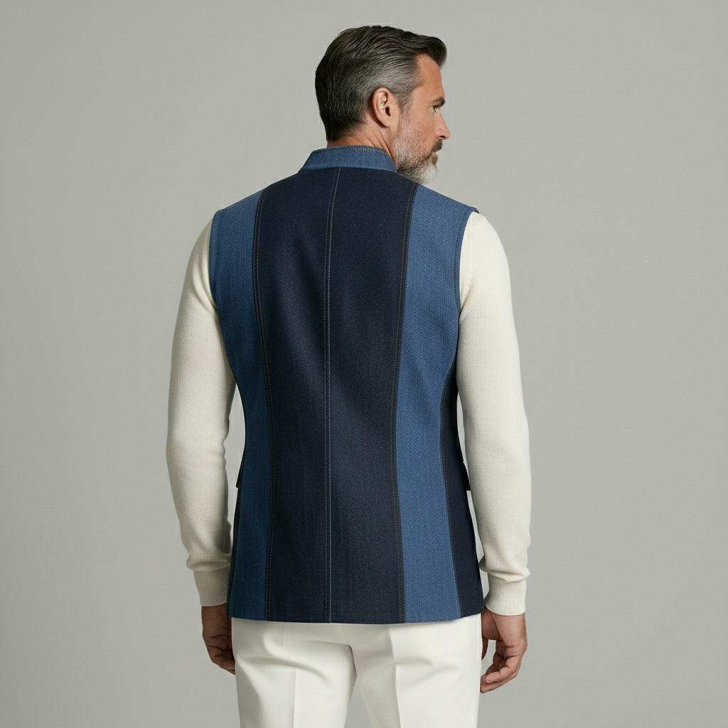 [Pre-Order] Men's Casual Color Block Denim Stand Collar Single Breasted Sleeveless Vest