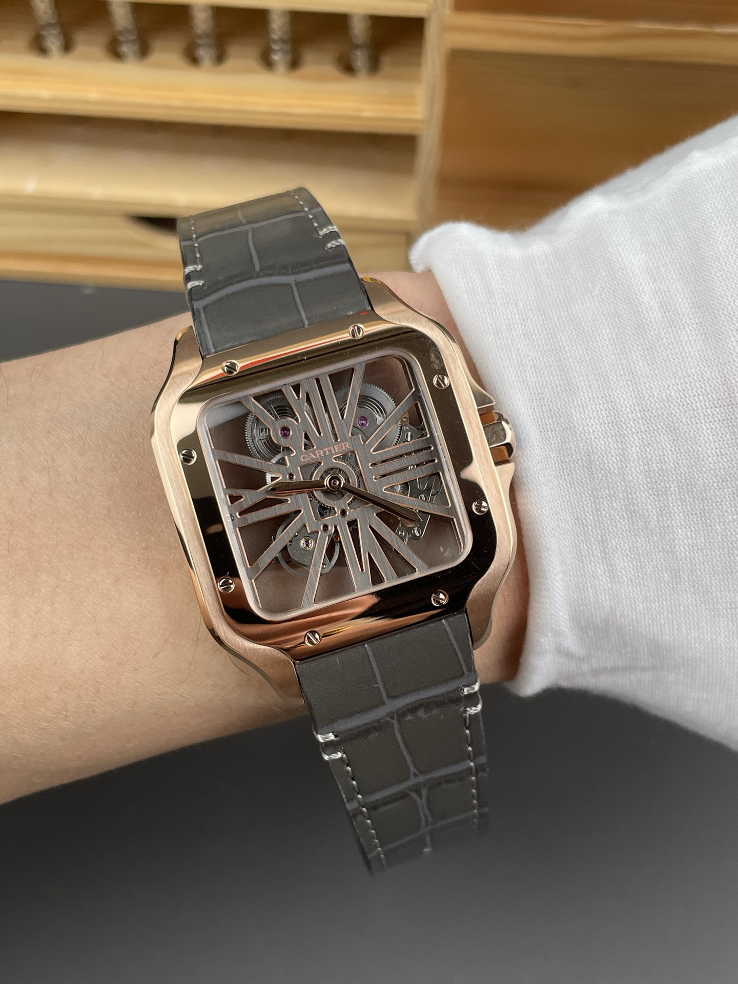 Santos Skeleton Series Leather Strap Rose Gold Dial