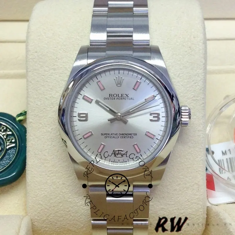 Rolex Oyster Perpetual 177200 Silver Dial Pink Markers 31mm Lady Replica Watch