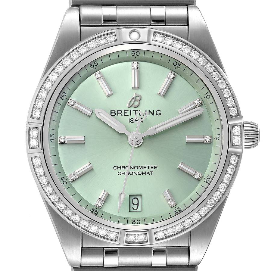 Breitling Chronomat Green Dial Steel Diamond Ladies Watch A10380