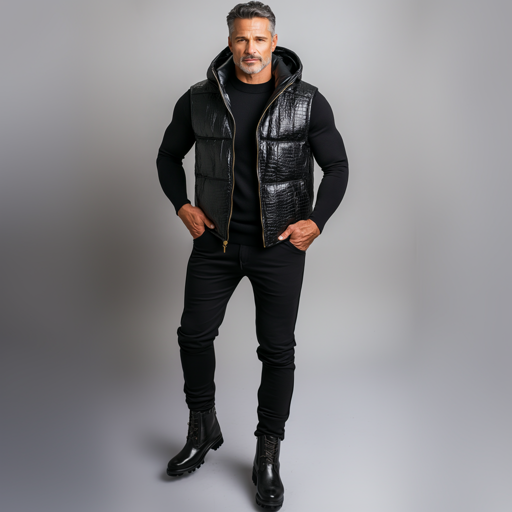 Men's PU Leather Crocodile Pattern Zipper Hooded Vest