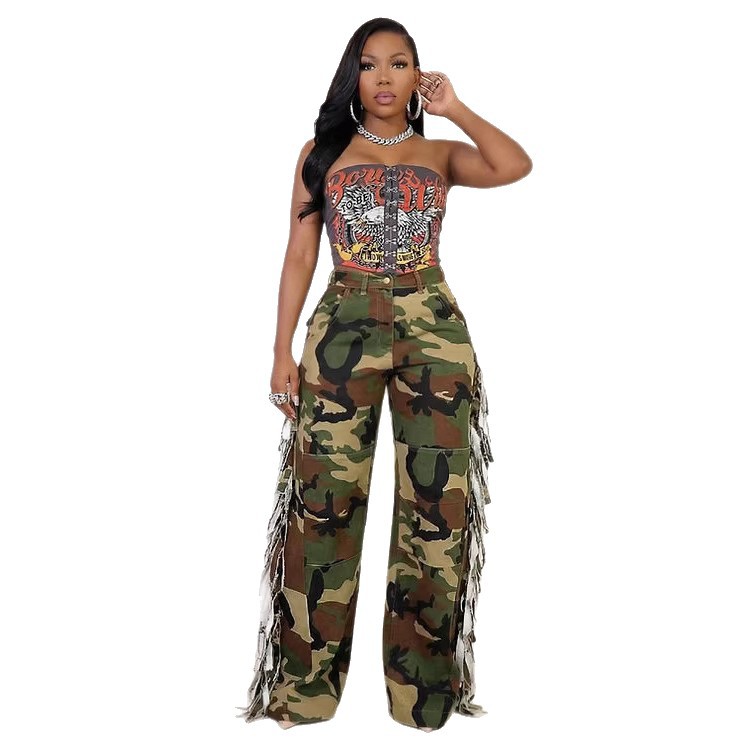 Women Camouflage Tassel Pocket Button Camouflage Pants