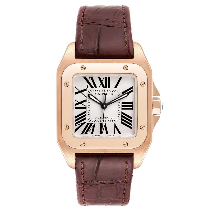 Cartier Santos 100 Midsize Rose Gold Silver Dial Mens Watch W20108Y1