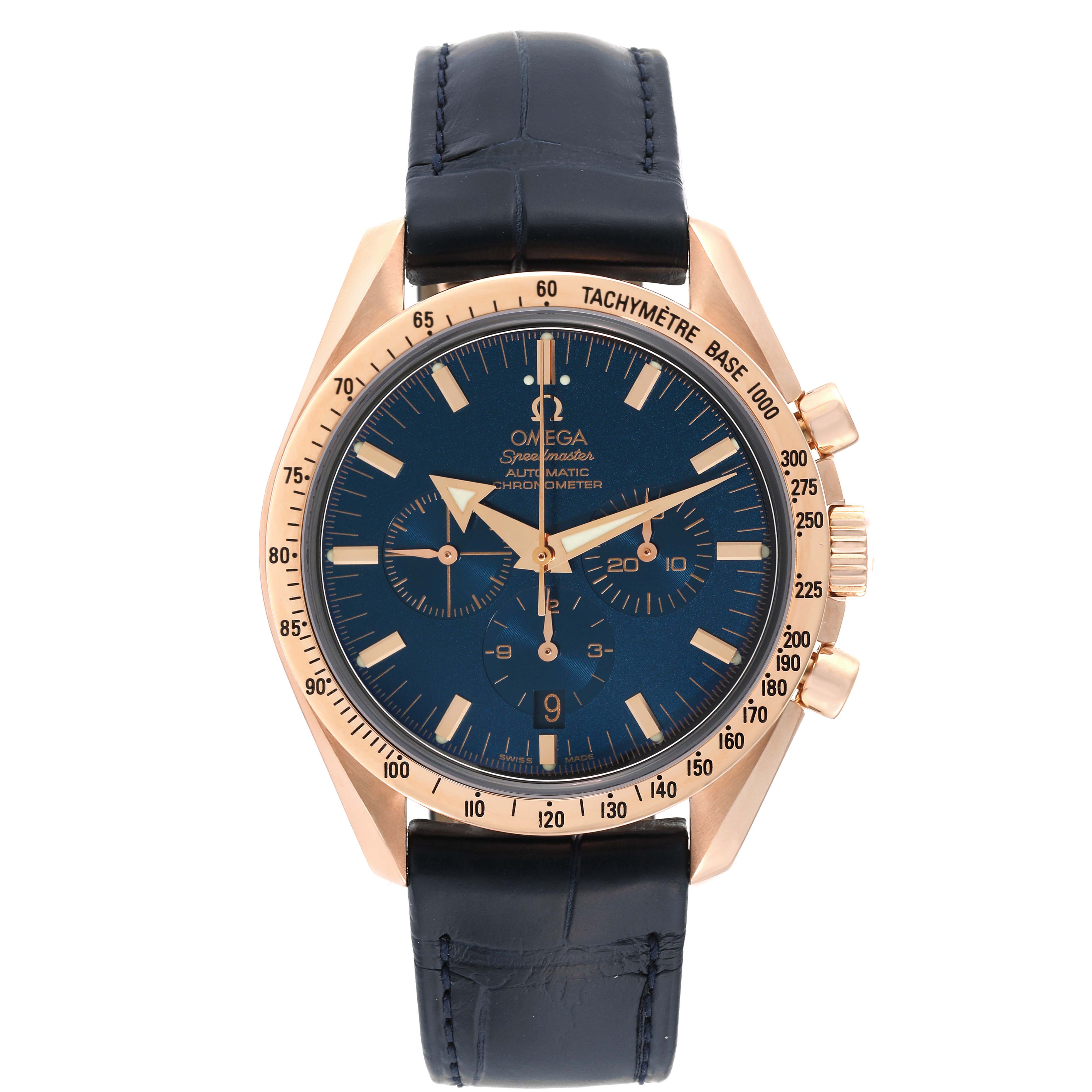 Omega Speedmaster Broad Arrow Blue Dial Rose Gold Mens Watch 42.0 MM 3653.80.33
