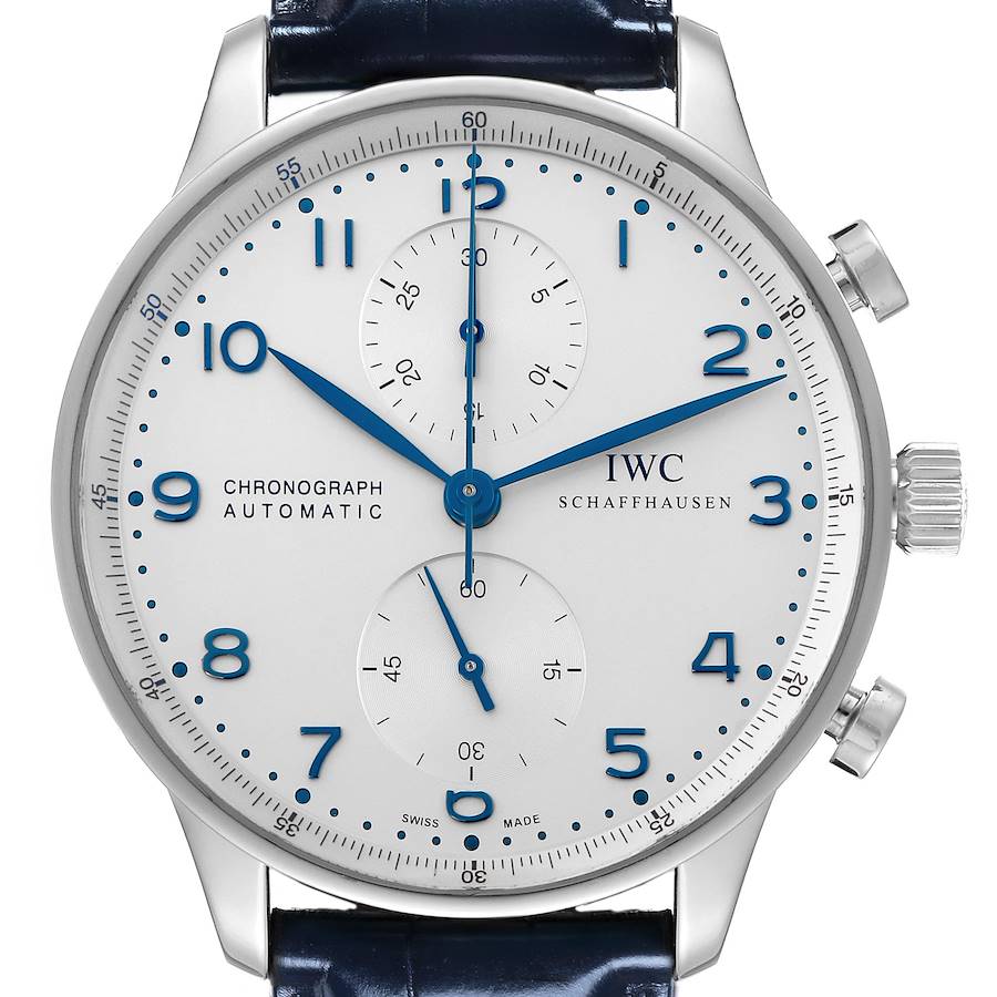 IWC Portuguese Chrono Silver Dial Blue Hands Steel Mens Watch IW371446