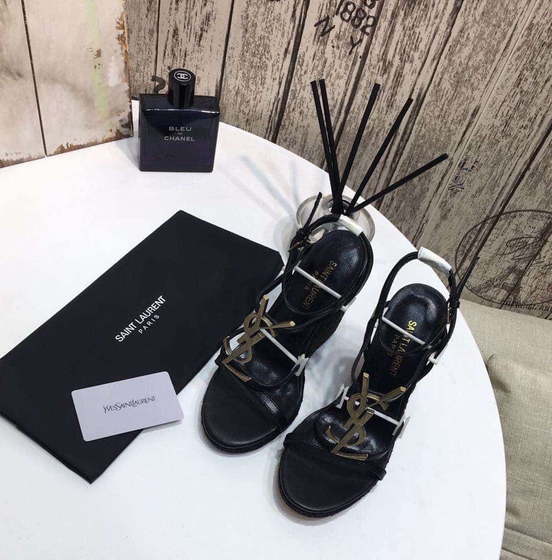 Saint Laurent Cassandra 115 Leather And Raffia Wedge Black Sandals