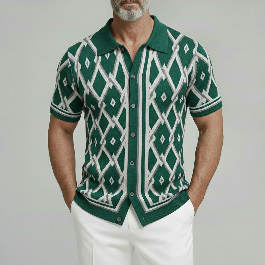 Men's Retro Short Sleeve Turndown Collar Single Breasted Geometric Knit Shirt