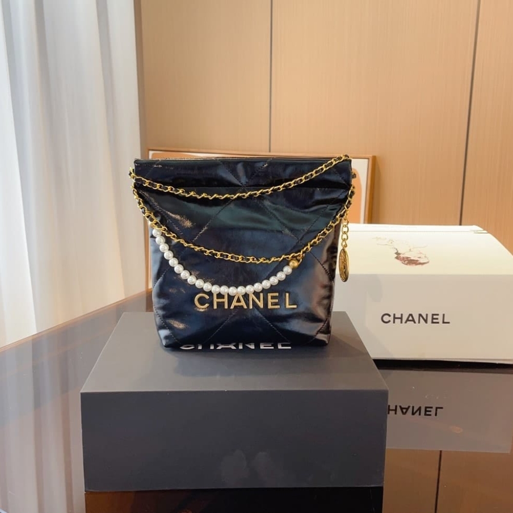 Chanel 22 Mini Handbag Shiny Crystal Pearls Gold Tone Metal Black 22Cm As3980 B10672 94305