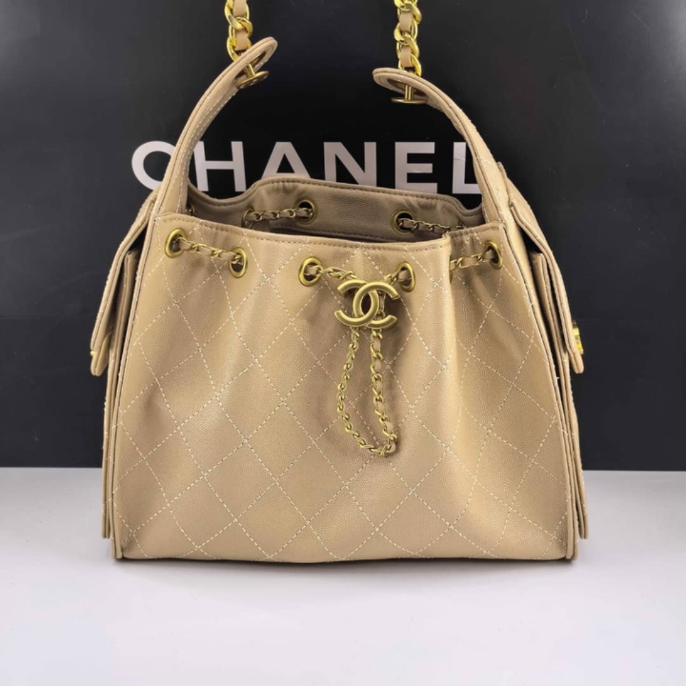 Chanel 25 Small Handbag Grained And Gold Tone Metal Beige 26cm