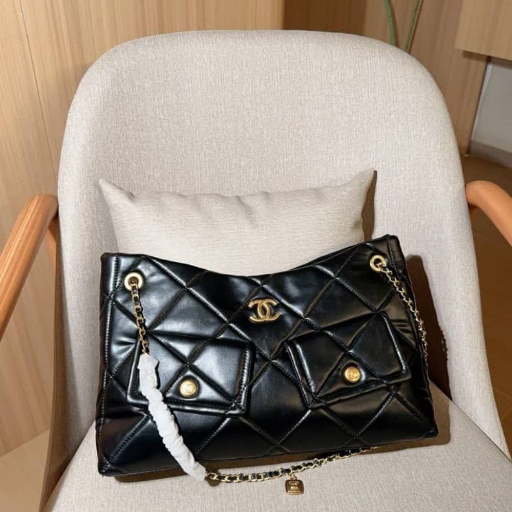 Chanel Shopping Bag Gold Tone Metal Black 38Cm As5740 B22139 94305