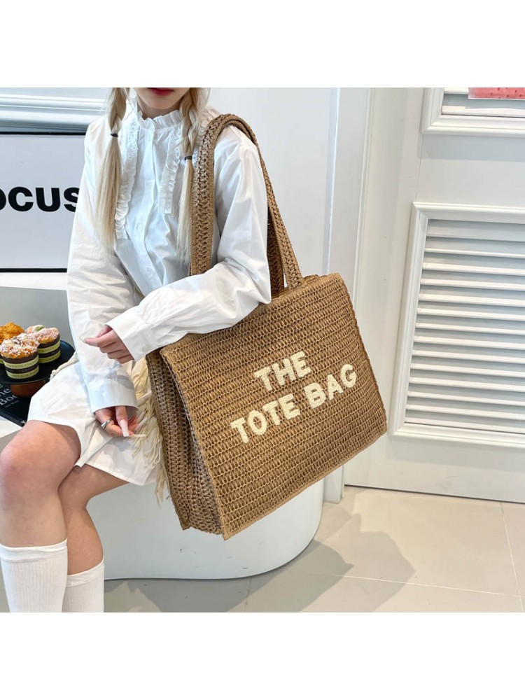 Letter Patch Woven Tote Bag