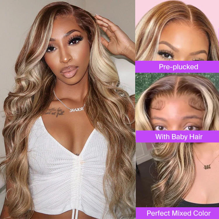 Megalook Bogo Free 13x4 Lace Front Light Brown With Blonde Highlight P12/613 Straight/Body Wave Glueless Easy Install 100% Human Wig