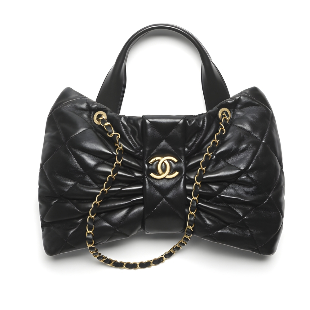 Chanel Maxi Bow Bag Shiny And Gold Tone Metal Black 51Cm