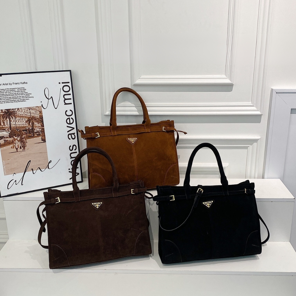 Prada Bonnie Large Suede Handbag Brown 38Cm 1Ba433 2C4S F0401 V Moo