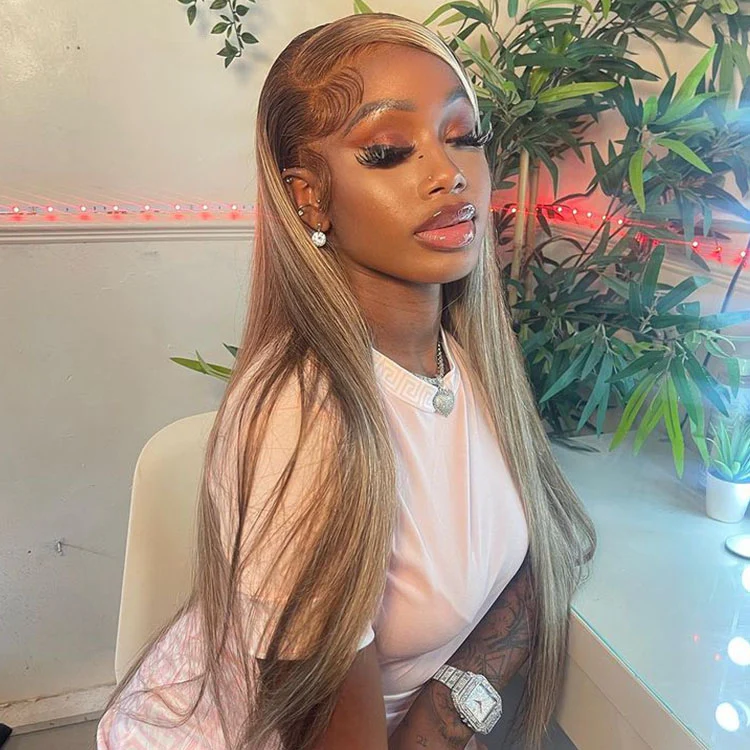 Megalook  13x4 Lace Front 30 Inch Light Brown With Blonde Highlight P12/613 Straight Glueless Easy Install 100% Human Wig